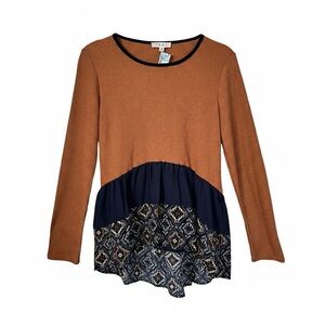 THML Mixed Media Boho Tiered Ruffle Hem Blouse/Top Burnt Orange Navy Size S